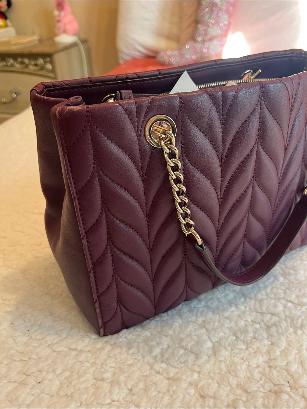 kate spade Quilted Burgundy Leather with Gold Chain Handles and longer strap. - Picture 4 of 13